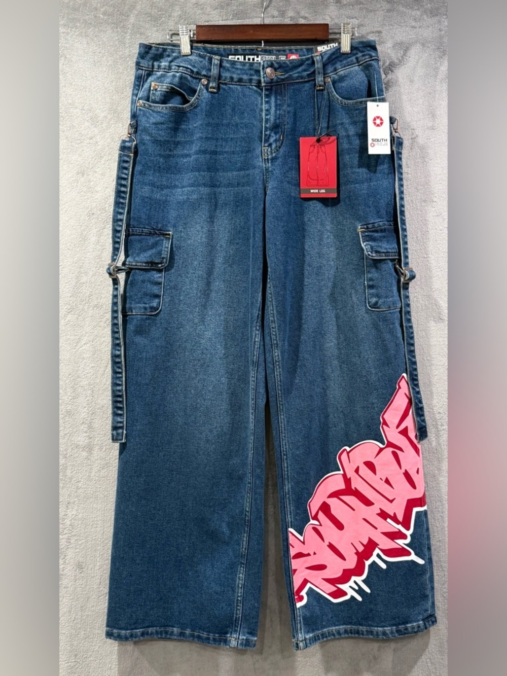 Southpole Womens Size 9/29 Graffiti Wide Leg Cargo Jeans Grunge Punk Y2K‎ Baggy